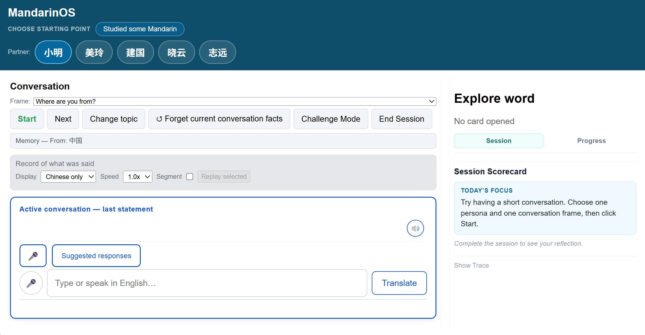 MandarinOS beta conversation interface showing a guided Mandarin conversation