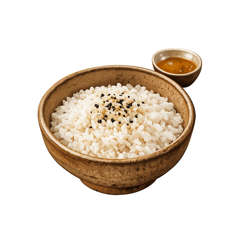Rustic ceramic bowl of steamed white rice