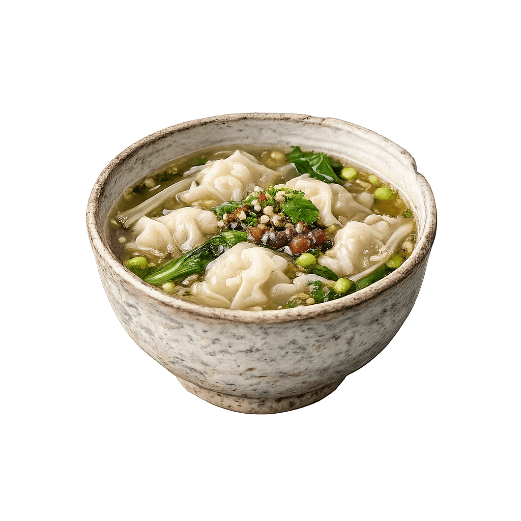 Bowl of clear Chinese soup with wontons and greens